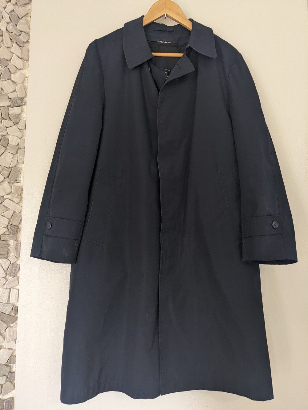 Sears Trench Coat Mens Large 40 Short Navy Blue Vintage Lined Hidden Buttons